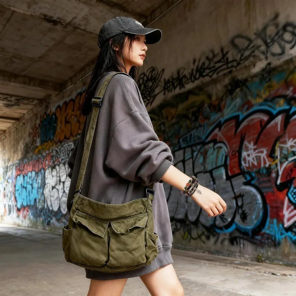 Canvas Messenger Bag Unisex Large Travel Crossbody with Fairy Grunge Bracelet